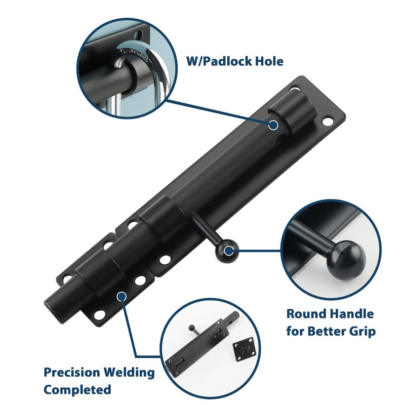 Alise 8 inch Barrel Bolt Latch,Slide Bolt Latch,Heavy Duty Solid SUS304 Stainless Steel Slide Lock for Wooden Fence,Barn Door,Interior or Outdoor Door Matte Black MS9000-B - Image 3